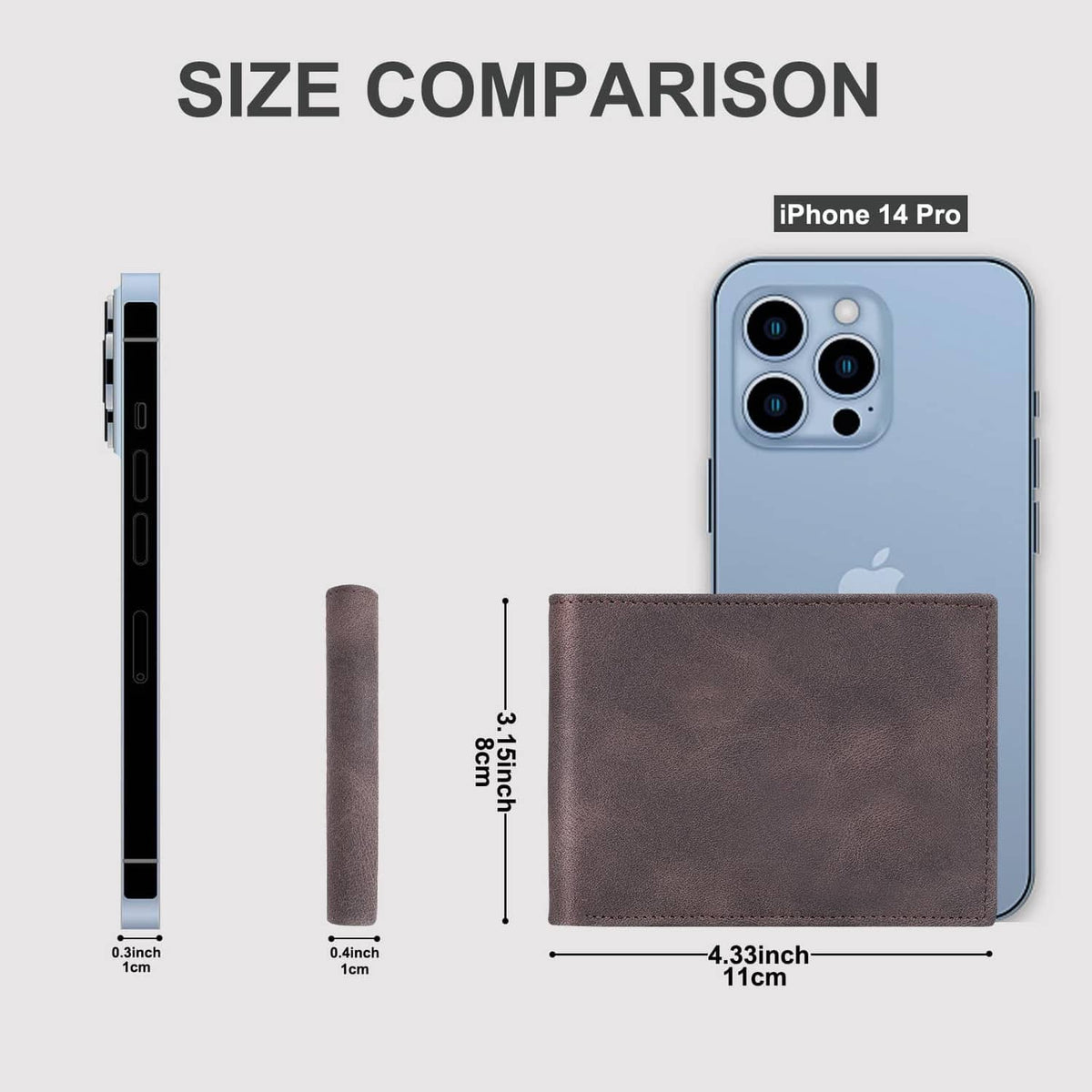 Coffee brown slim bi-fold wallet next to a smartphone for size