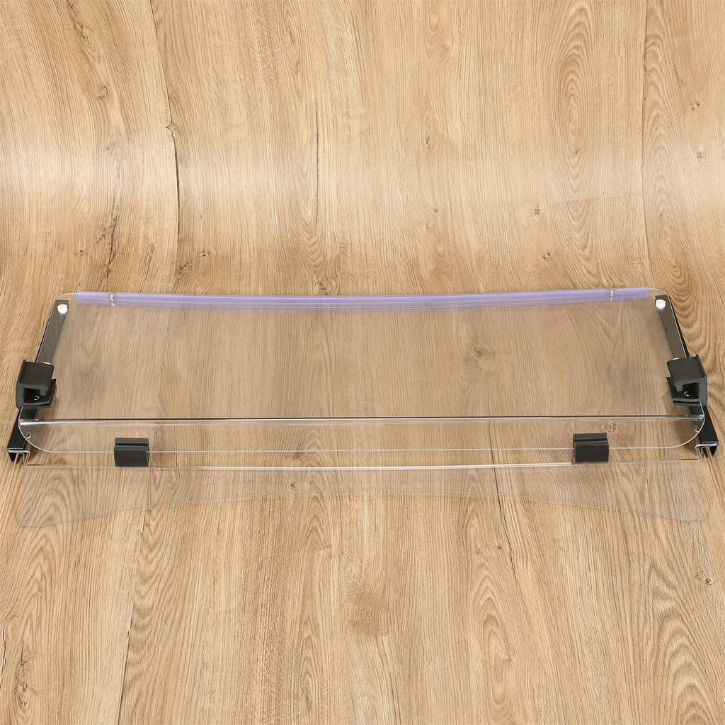 Clear folding windshield with black side rails and metal mounting feet
