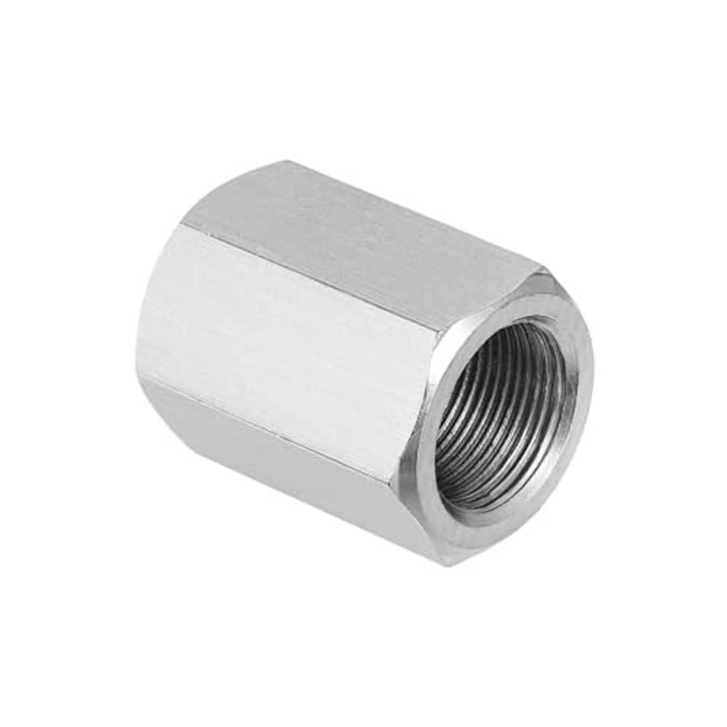 Stainless steel hex coupling nut close-up, internal threads visible