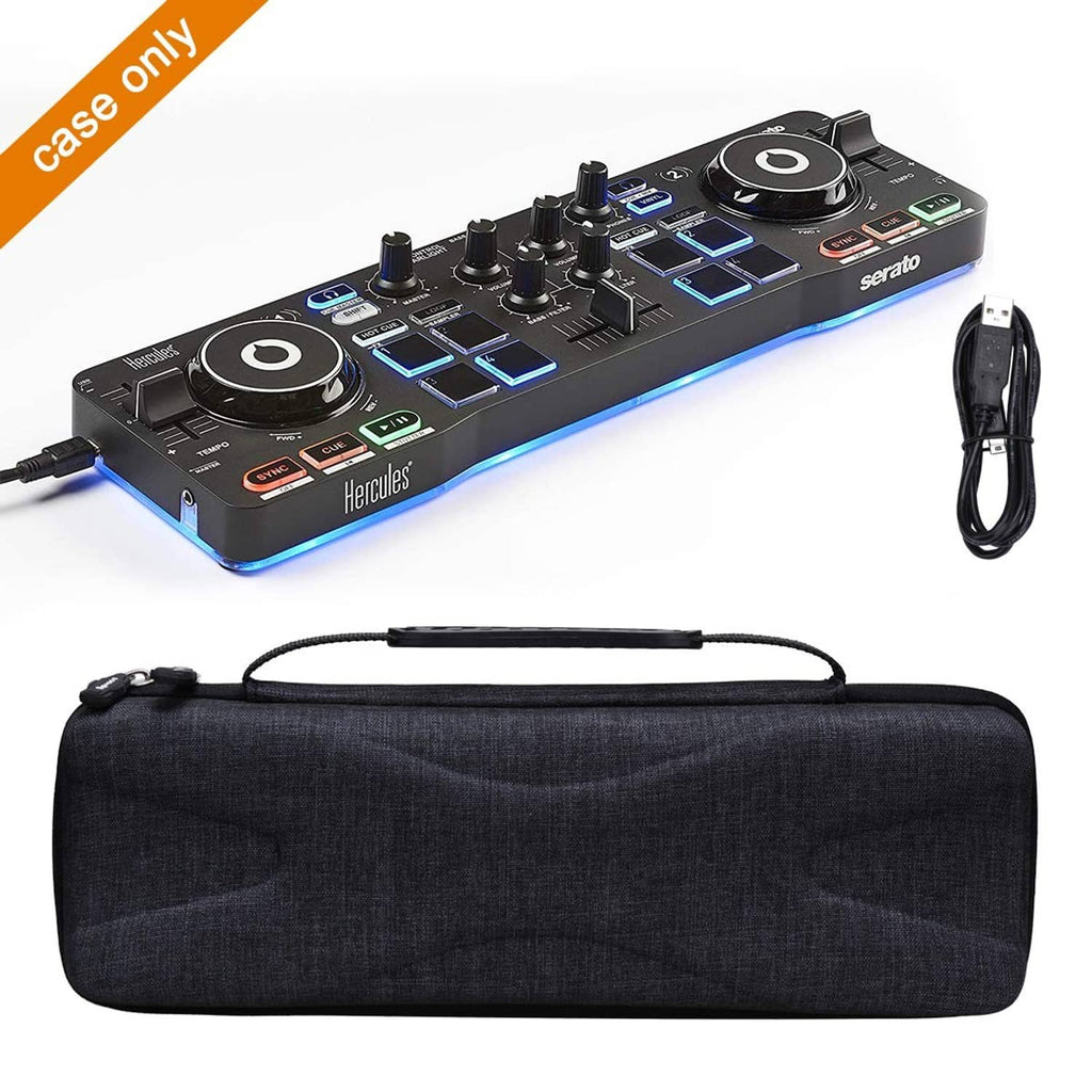 DJ controller inside zip case; included cable visible near the compartment