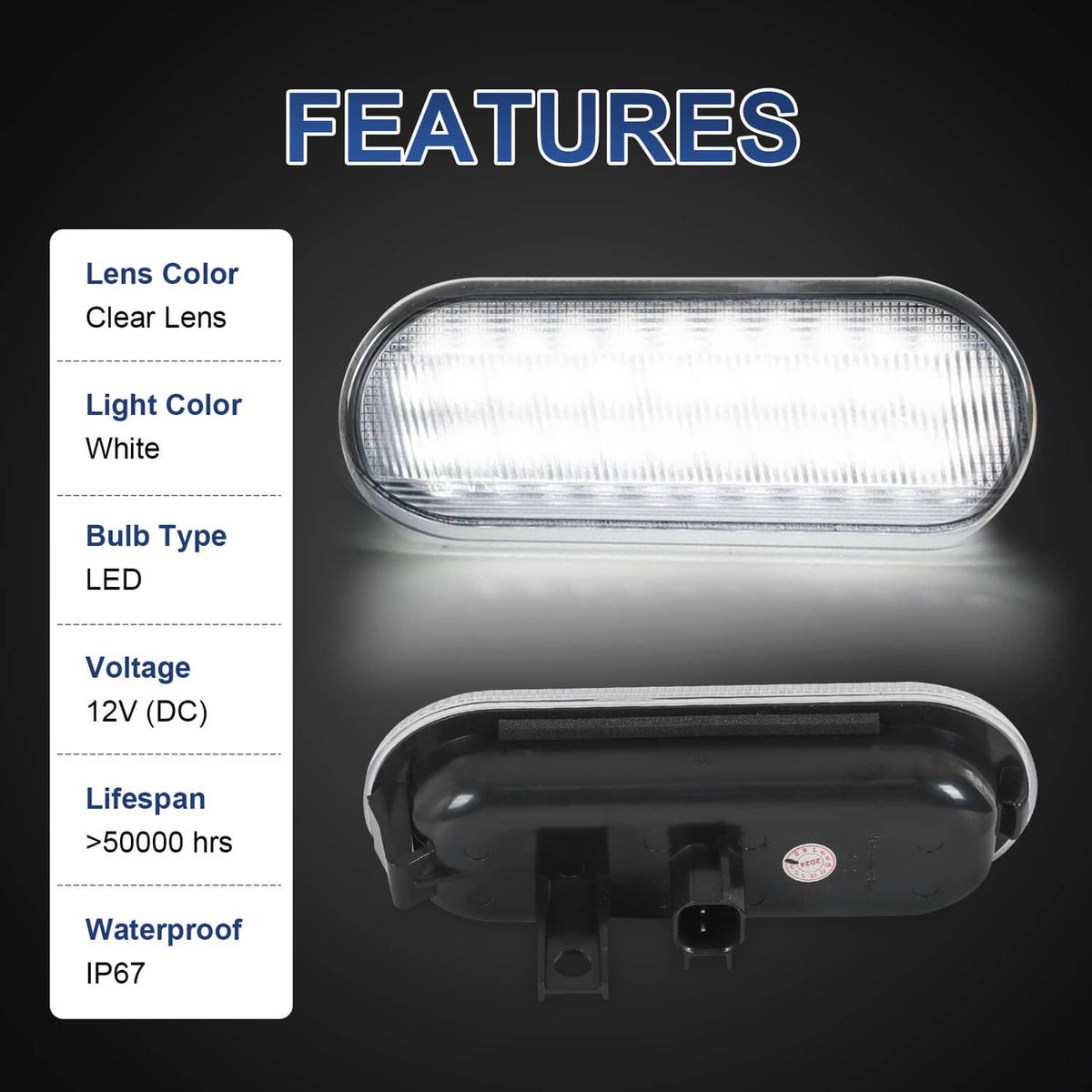 LED bed light housing with clear oval lens and black mount bracket, white LED illumination