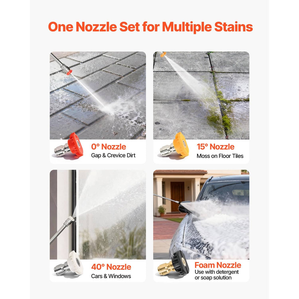 Gas pressure washer nozzle set diagram with 0°, 15°, 40°, and foam nozzle tips