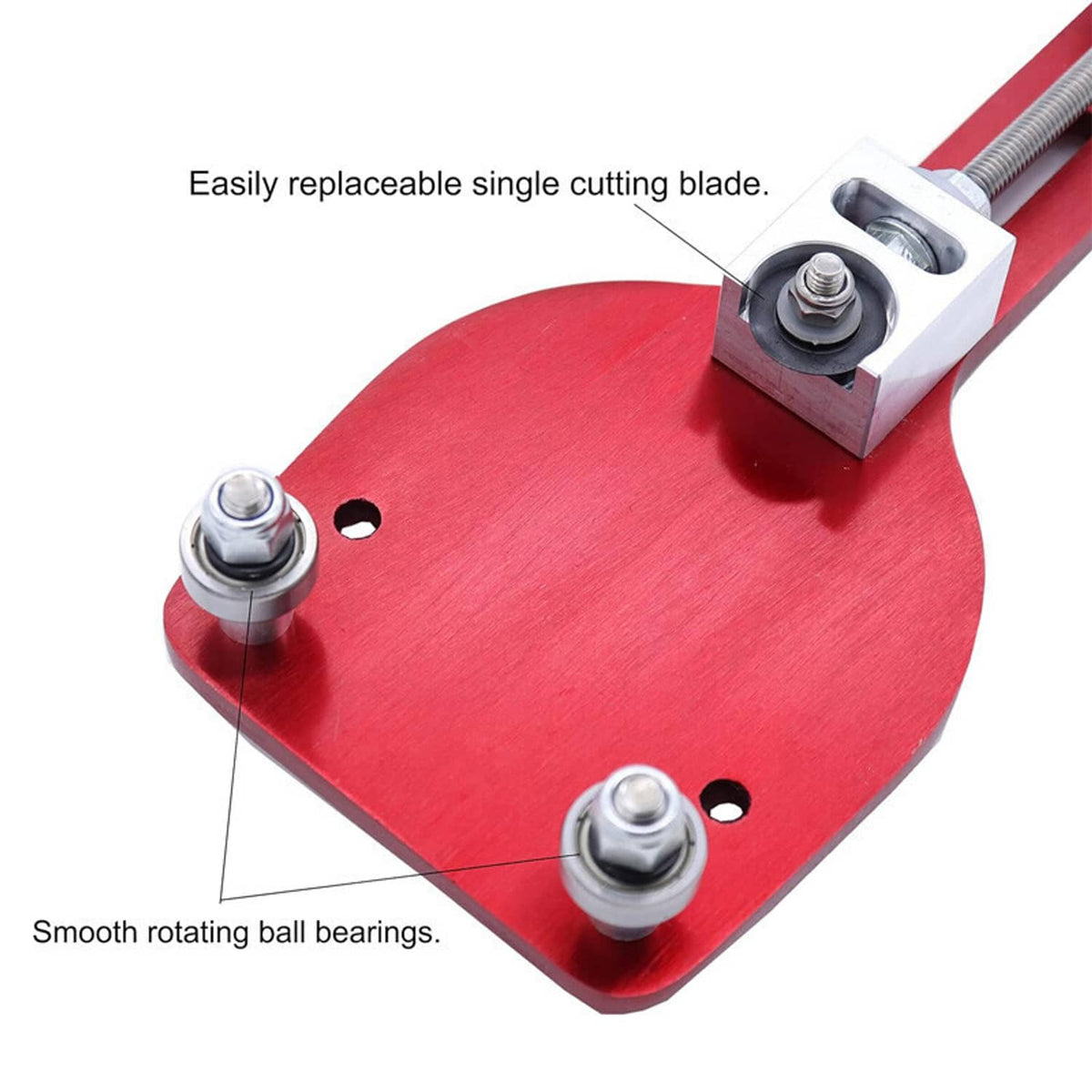 Red oil filter cutter base with replaceable blade mount and smooth rotating bearings