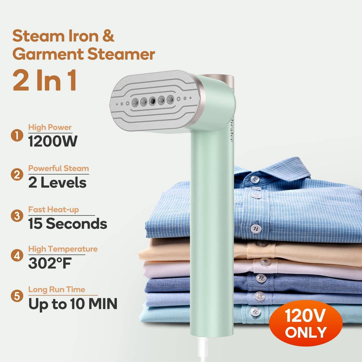 Mint portable garment steamer with steam head and fold-out steam nozzle