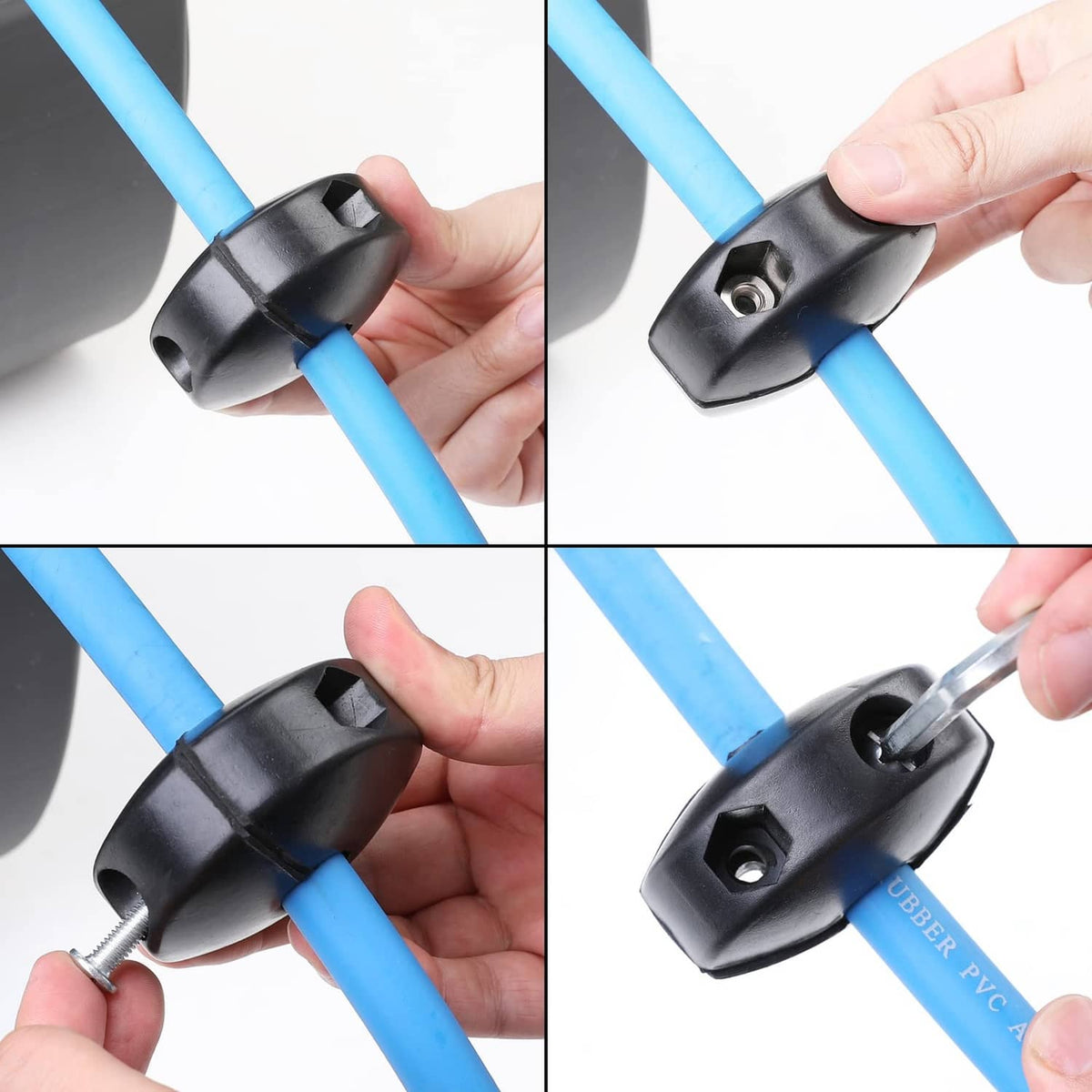 Black ball stopper clamp gripping a blue hose