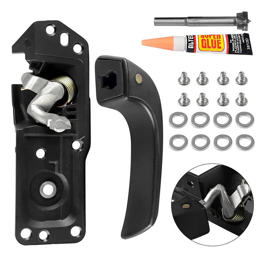 Black interior door handle repair kit with glue, screws, washers and mounting bracket.