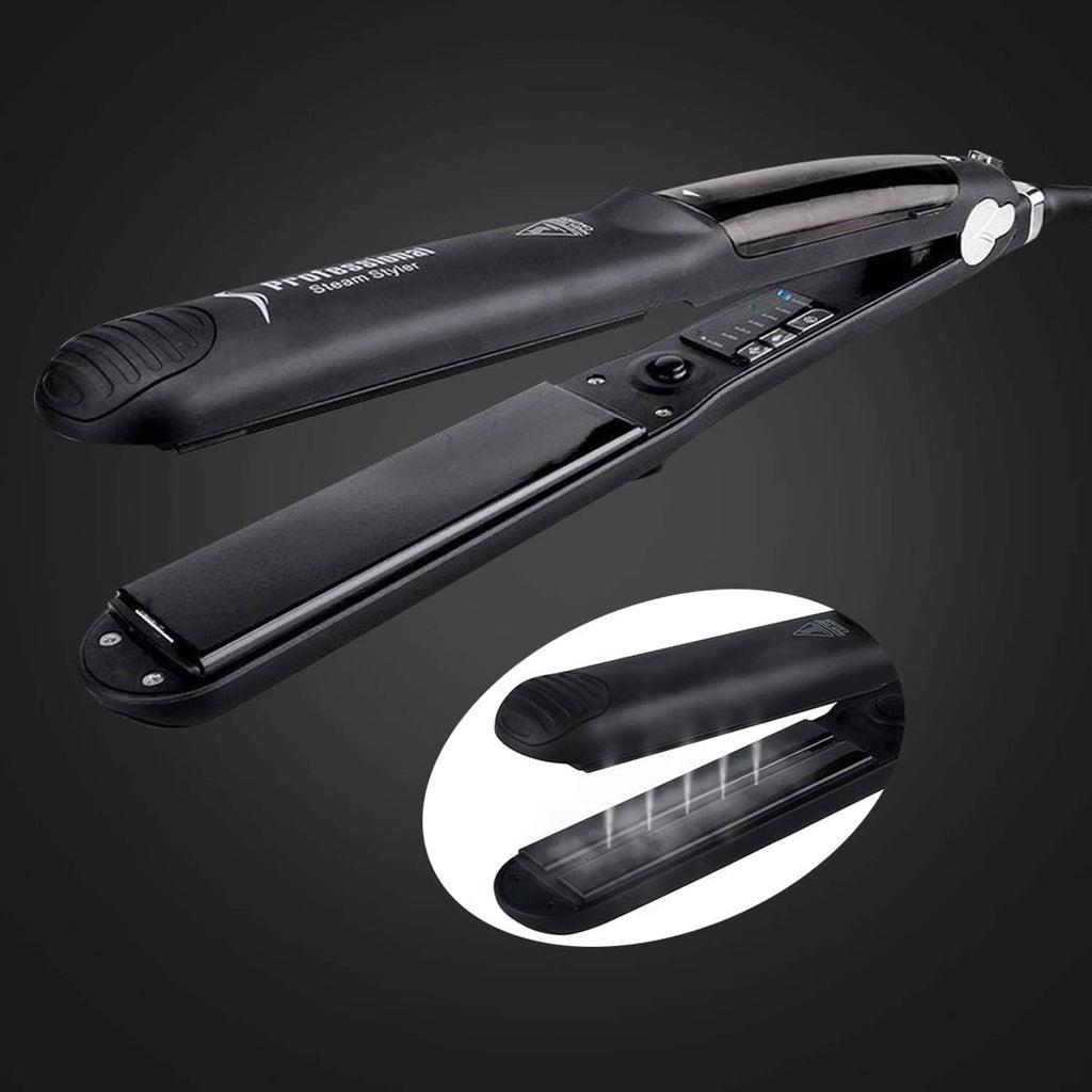 Black steam flat iron with close-up of ceramic plates