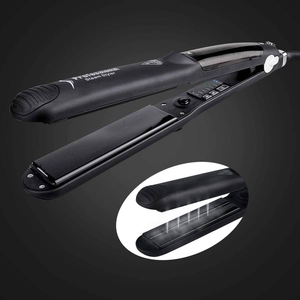 Black steam flat iron with close-up of ceramic plates