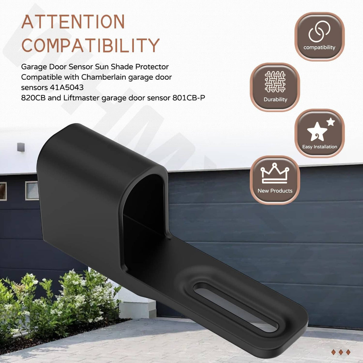 Garage door sensor sun shade protector, black plastic with oval sensor opening slot