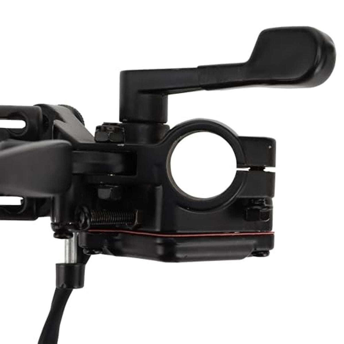 Black throttle control housing with thumb lever and circular clamp ring.