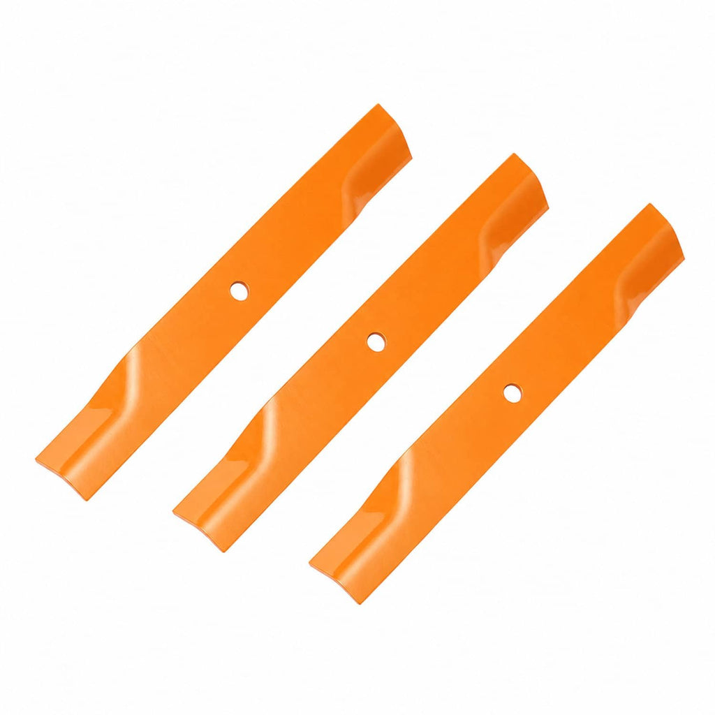 Orange mower deck blades with angled tips and round mounting holes