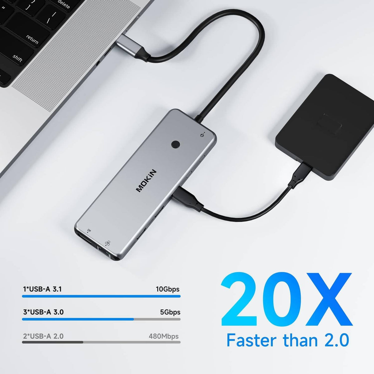 Compact gray USB docking station with USB-A and charging cable connected