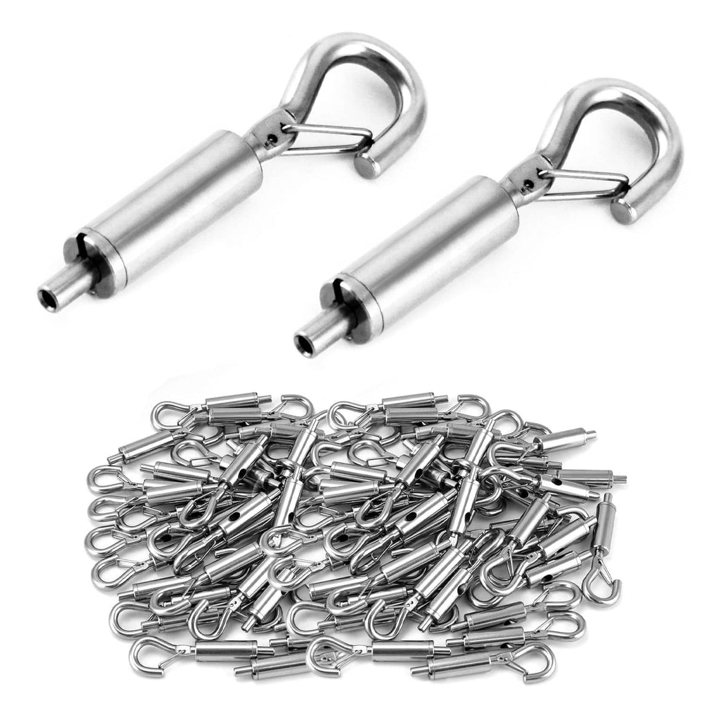 Steel hook-and-eye wire rope hanger with turnbuckle-style coupler, chrome finish.