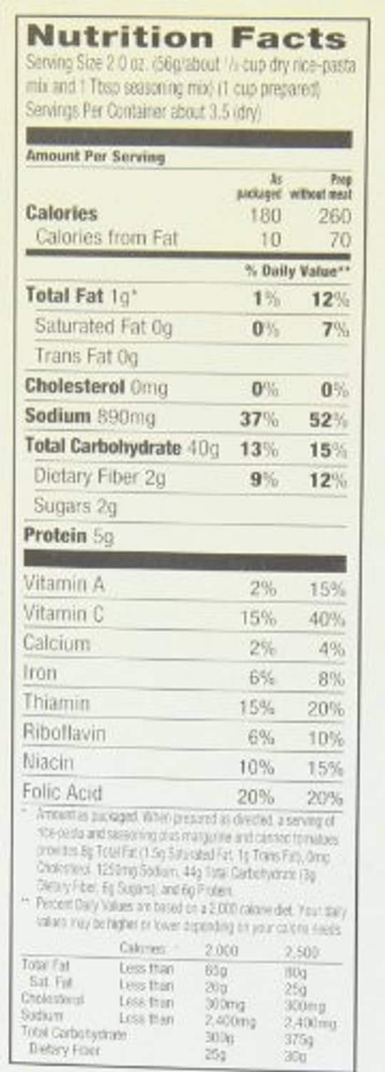 Rice-a-roni Spanish rice Nutrition Facts panel close-up