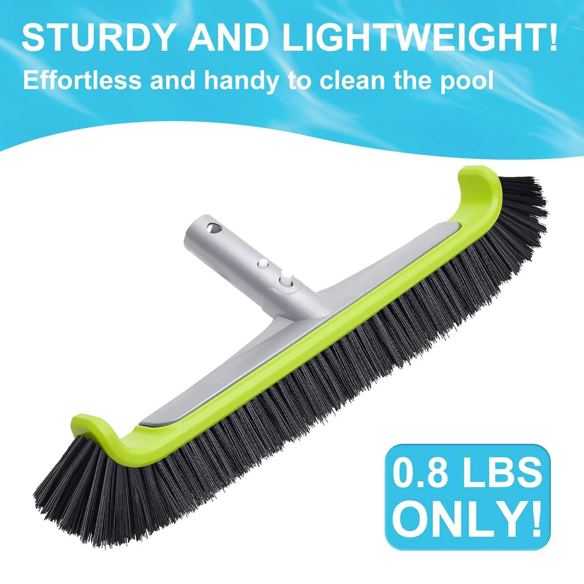 Lightweight pool wall brush with black bristles and lime green side handle