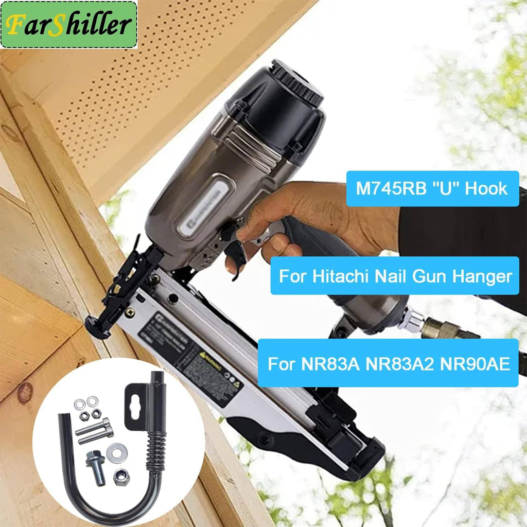 Retractable hanger hook attached to a nail gun, showing black spring unit