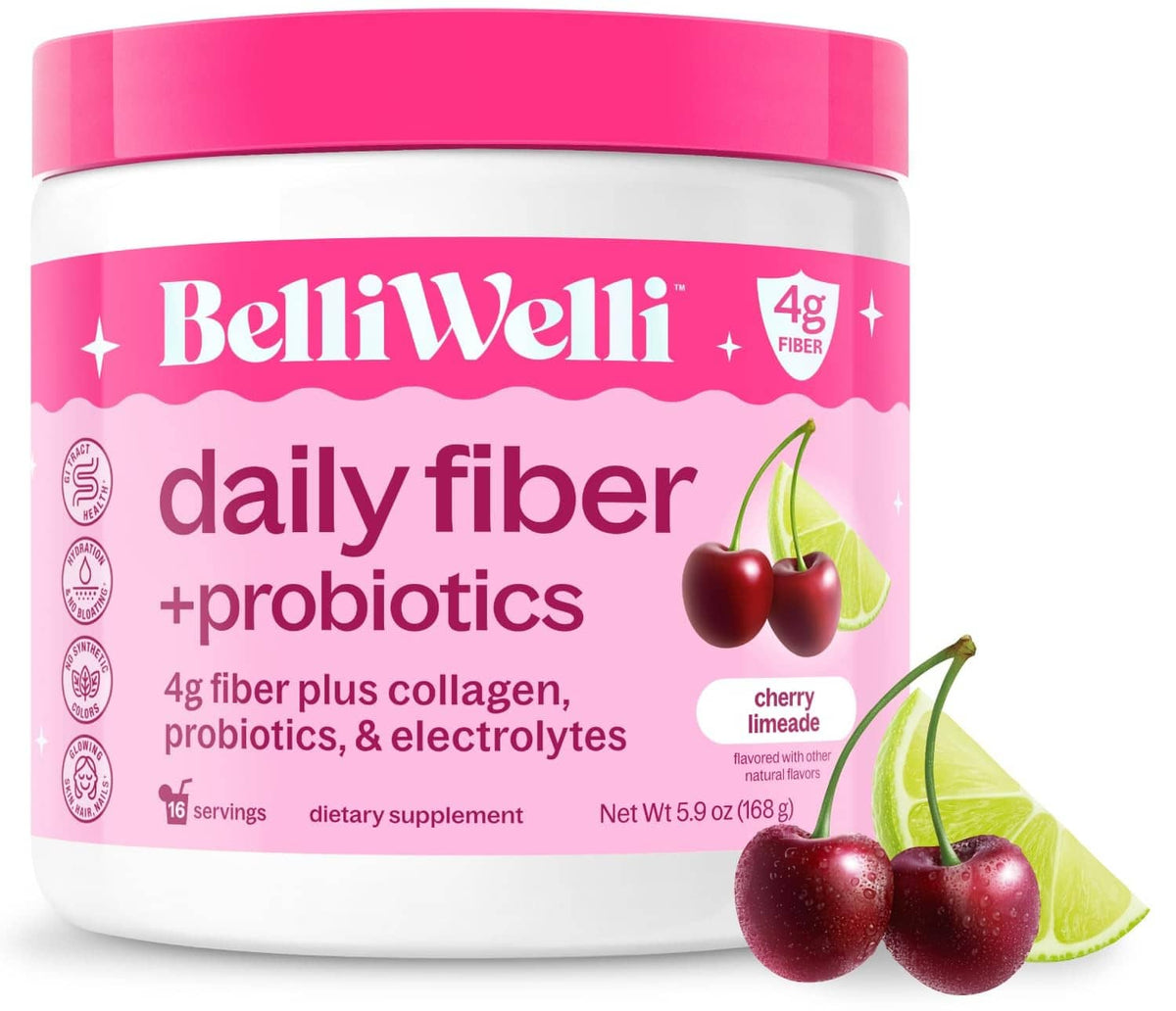 BelliWelli daily fiber + probiotics powder bottle, pink label with cherry limeade flavor