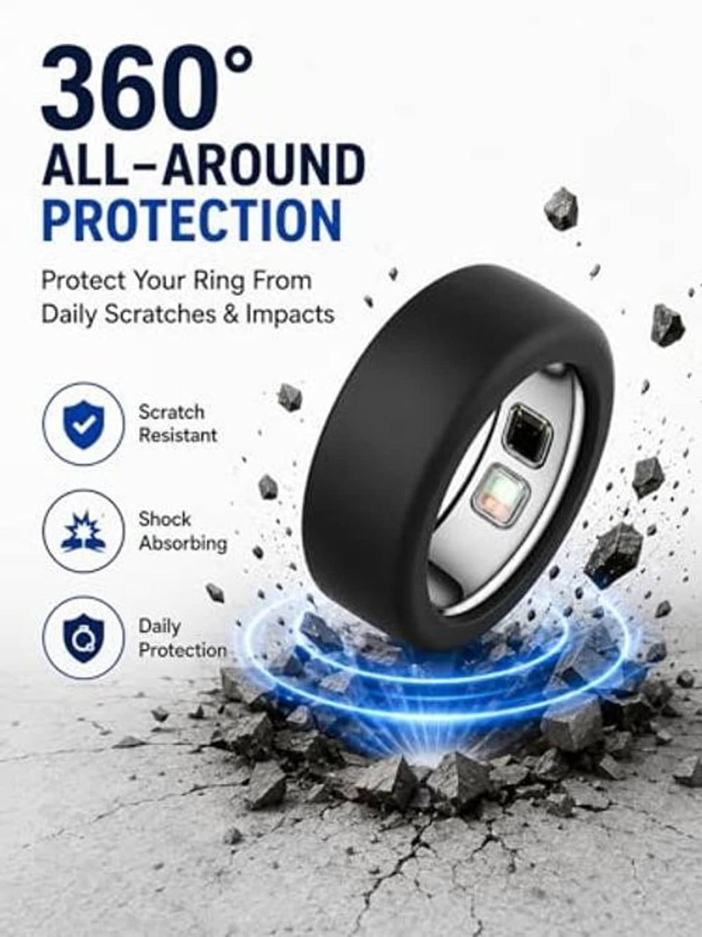 Black silicone Oura ring case for 360 protection, shown on a finger