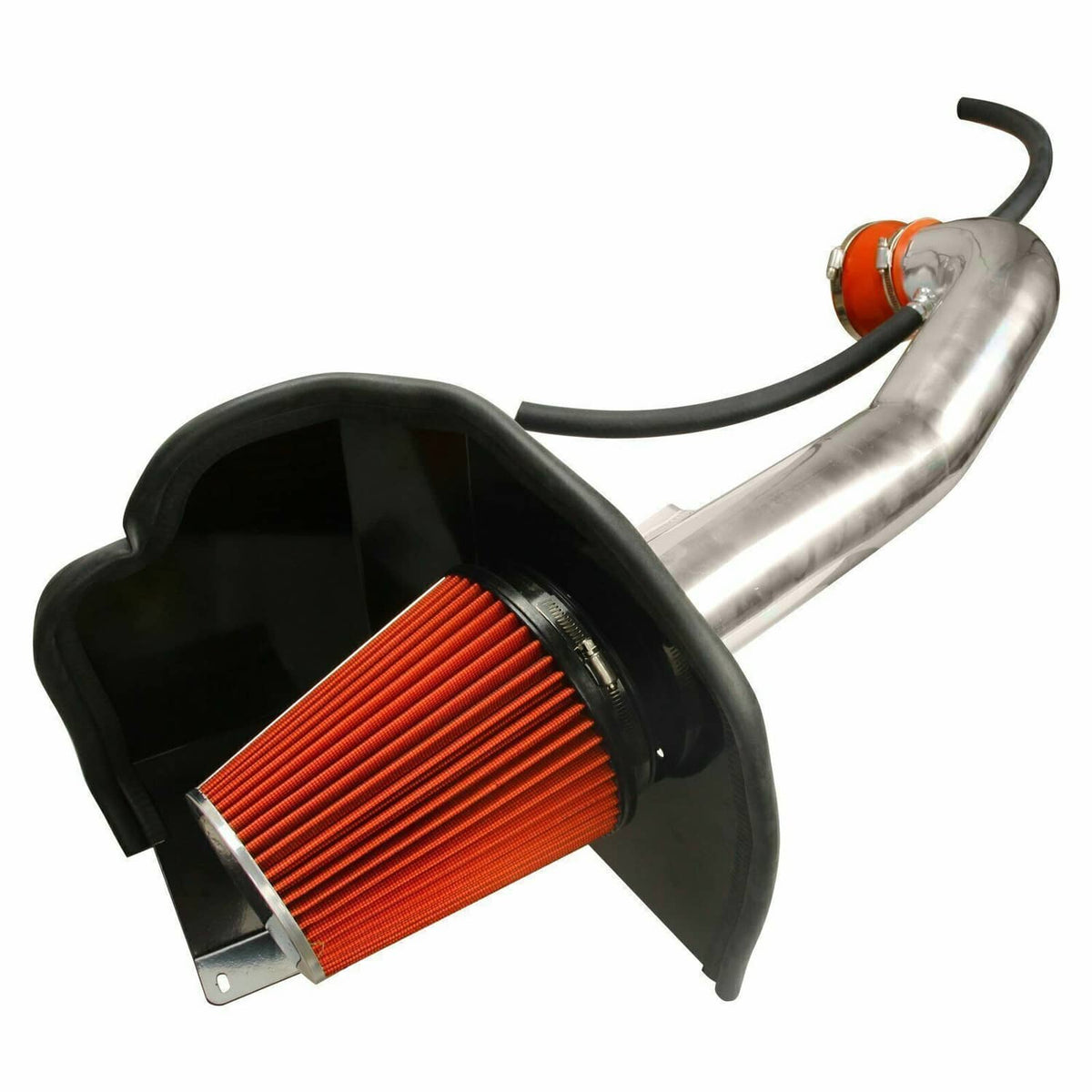 Cold air intake filter shield with red cone filter and curved silver intake tube