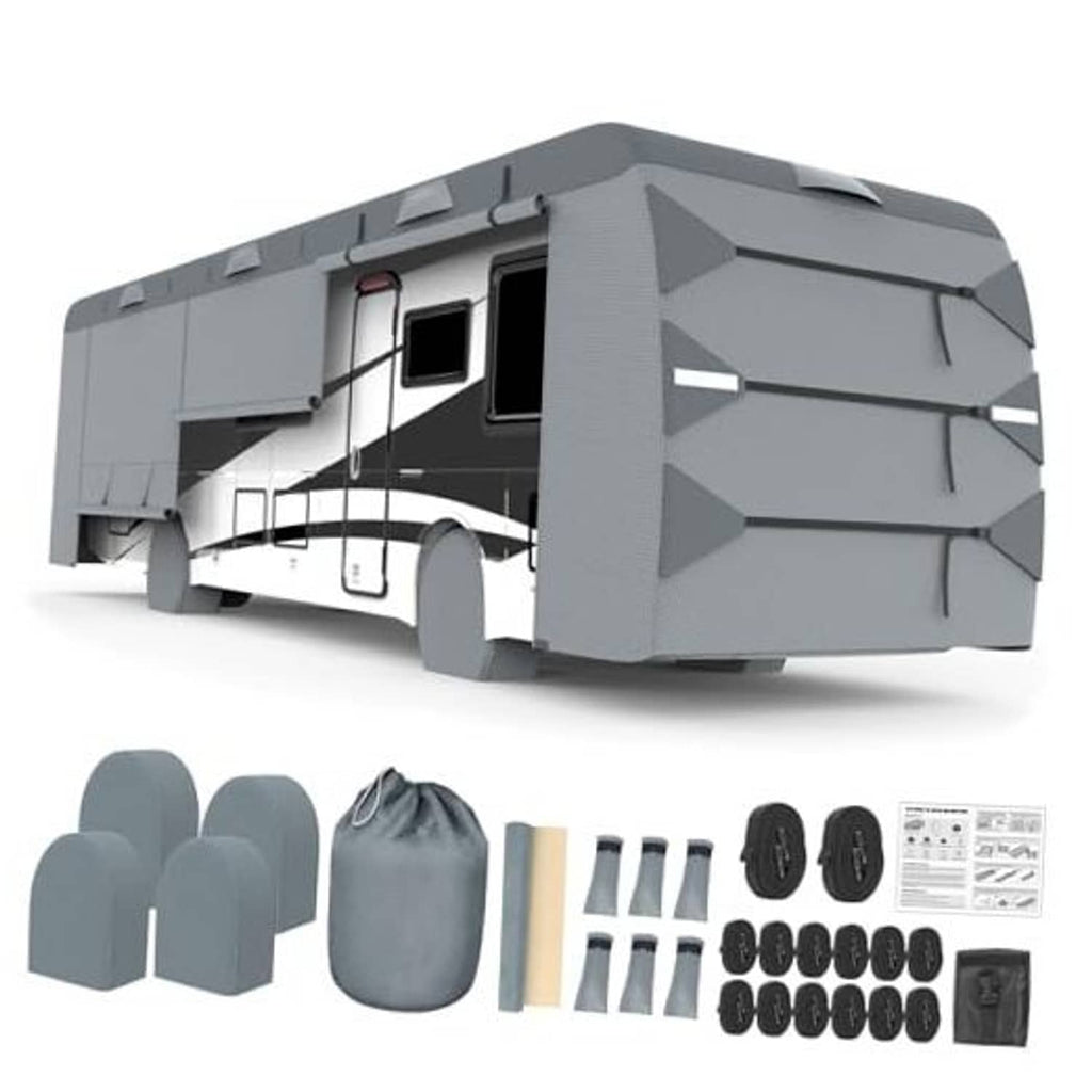 Grey Class A RV cover with fitted front and side panels, no windows
