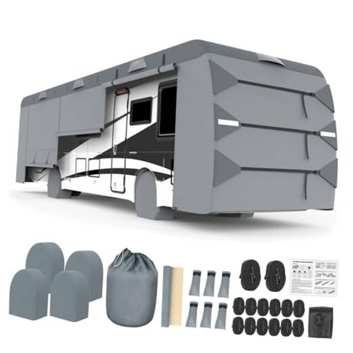 Grey Class A RV cover with fitted front and side panels, no windows