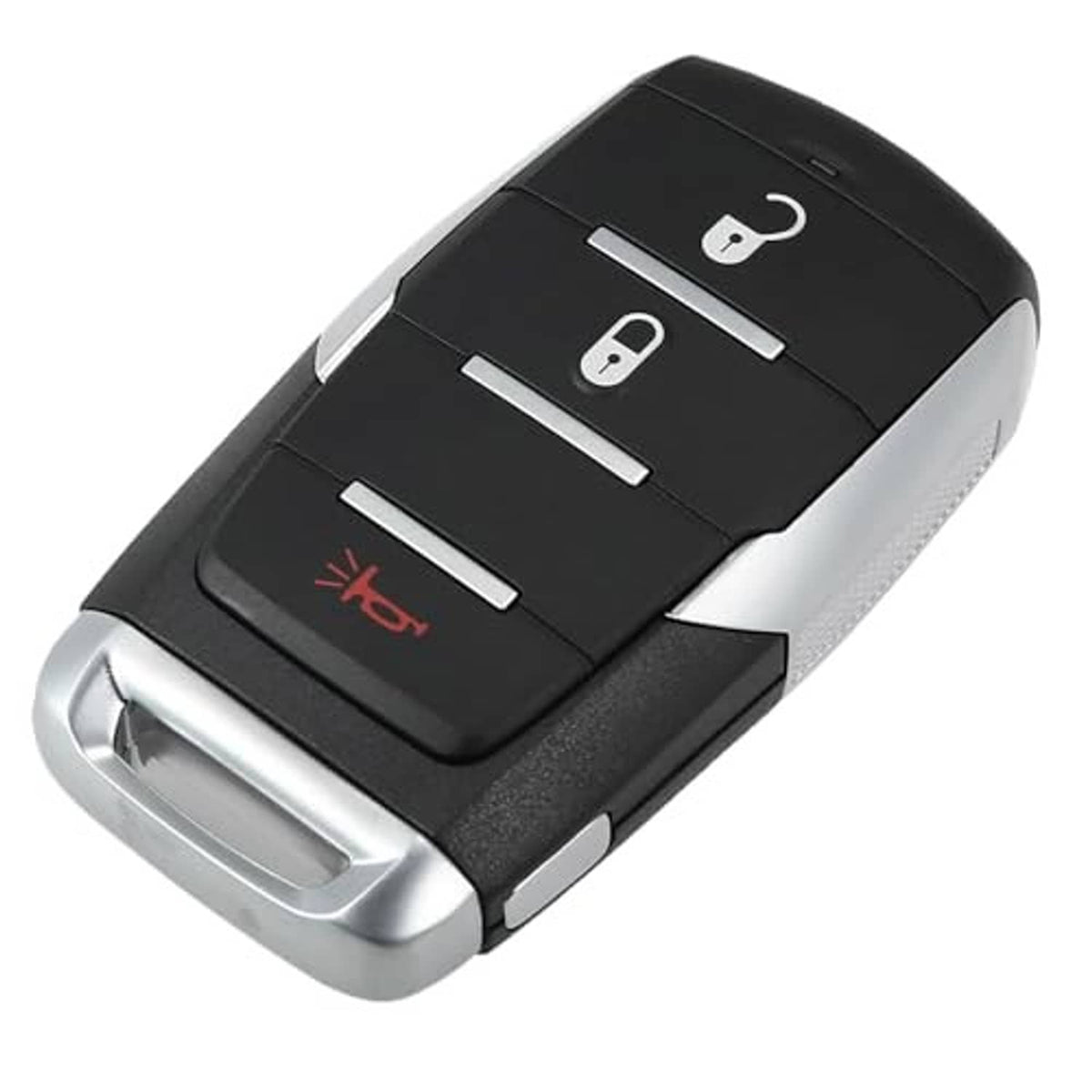 Black keyless remote key fob with metal keyring cradle and lock icons