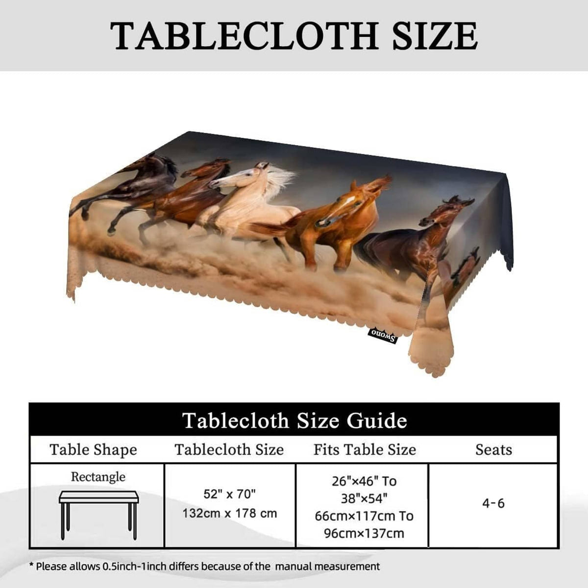 Rectangular horse-print tablecloth size view, beige scalloped hem on black base