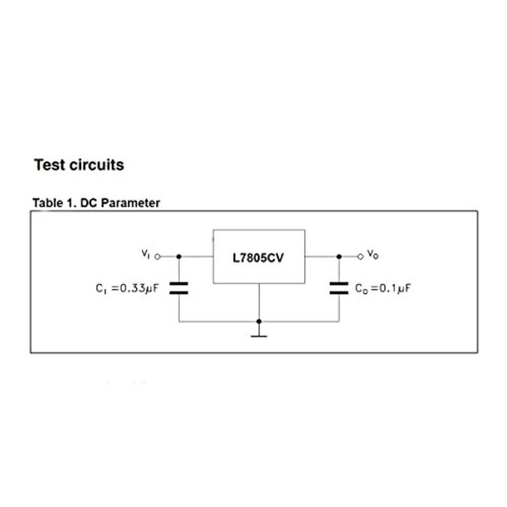 Test circuit schematic with L7805CV voltage regulator block and capacitor inputs