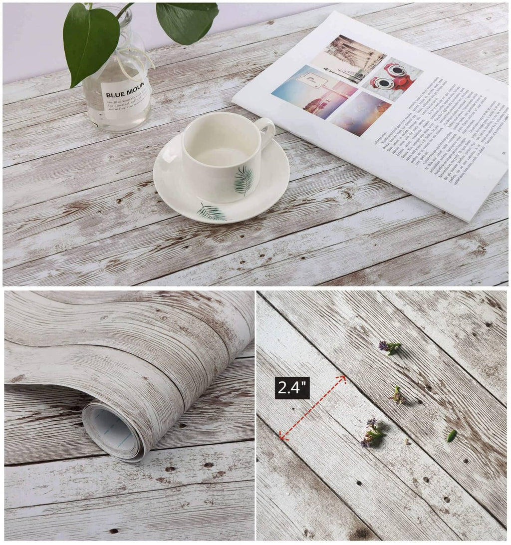 Wood grain wallpaper roll on plank pattern with a visible seam spacing guide.