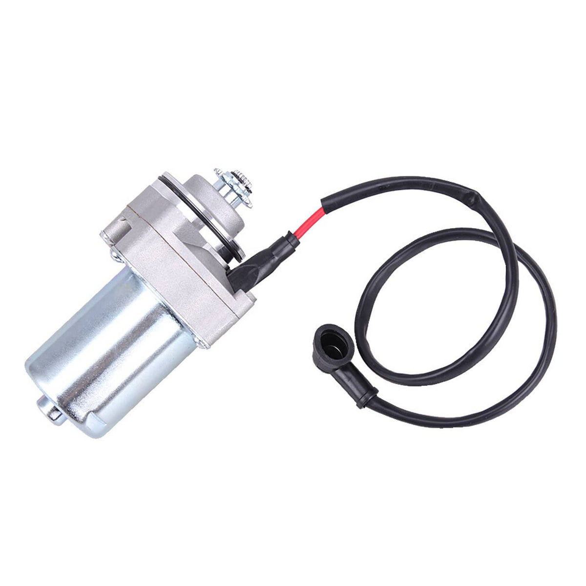 Starter motor assembly with silver cylinder body, black cable, and rubber boot