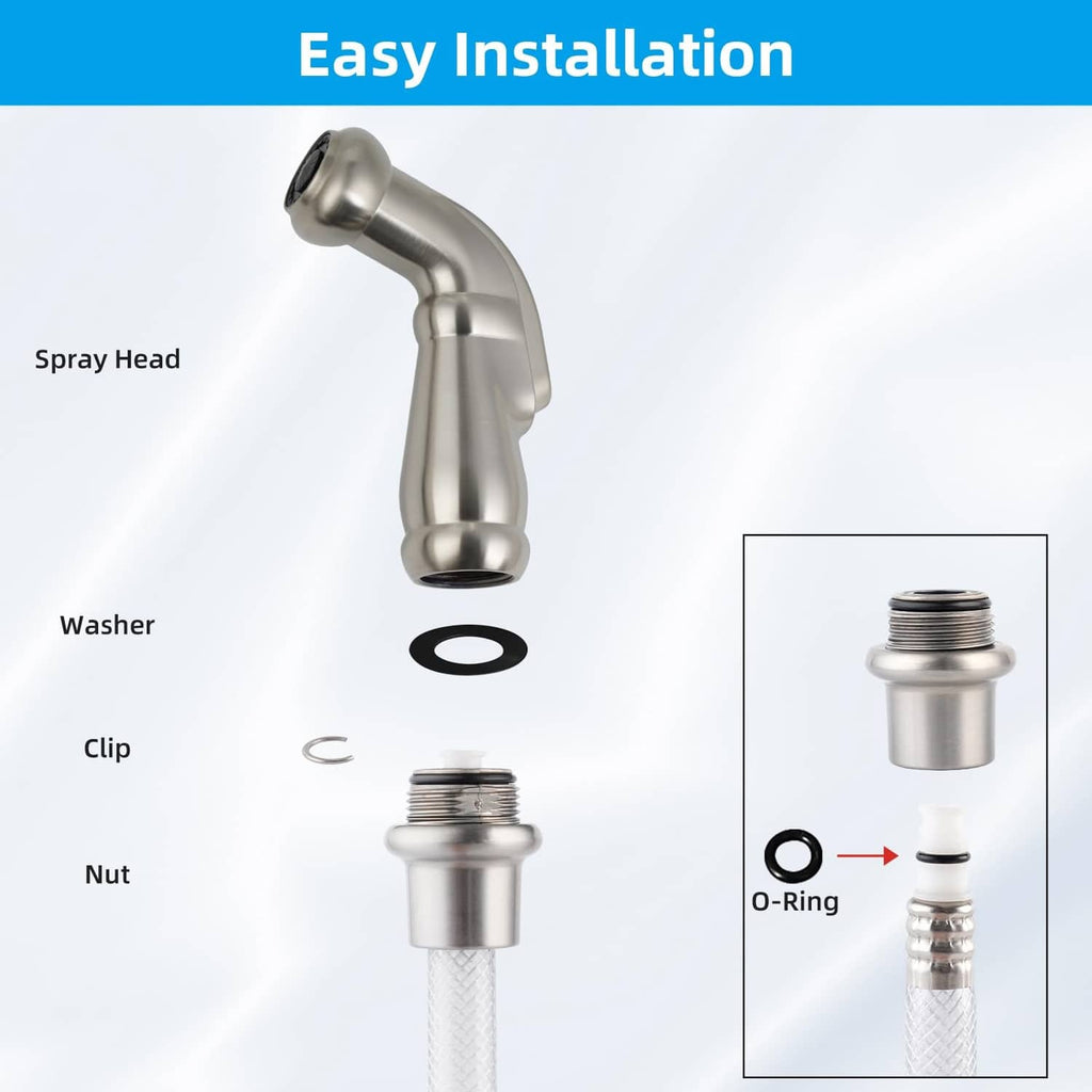 Brushed nickel sink sprayer attachment with installation parts and o-ring