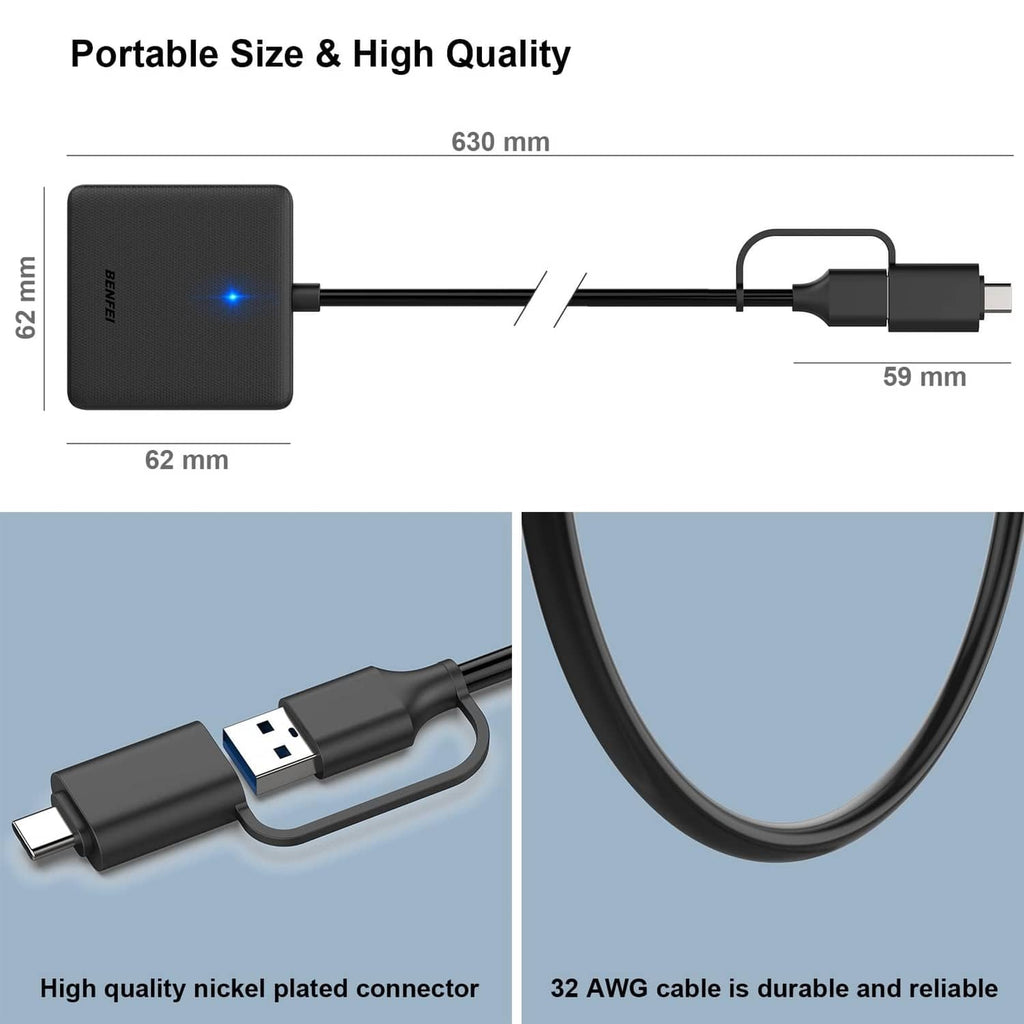 Benfei card reader cable connectors with labeled dimensions and durable black USB leads