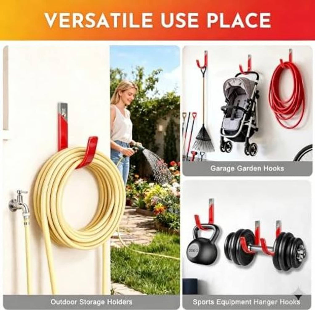 Red wall mount utility hook holding a yellow garden hose coil and hanging items