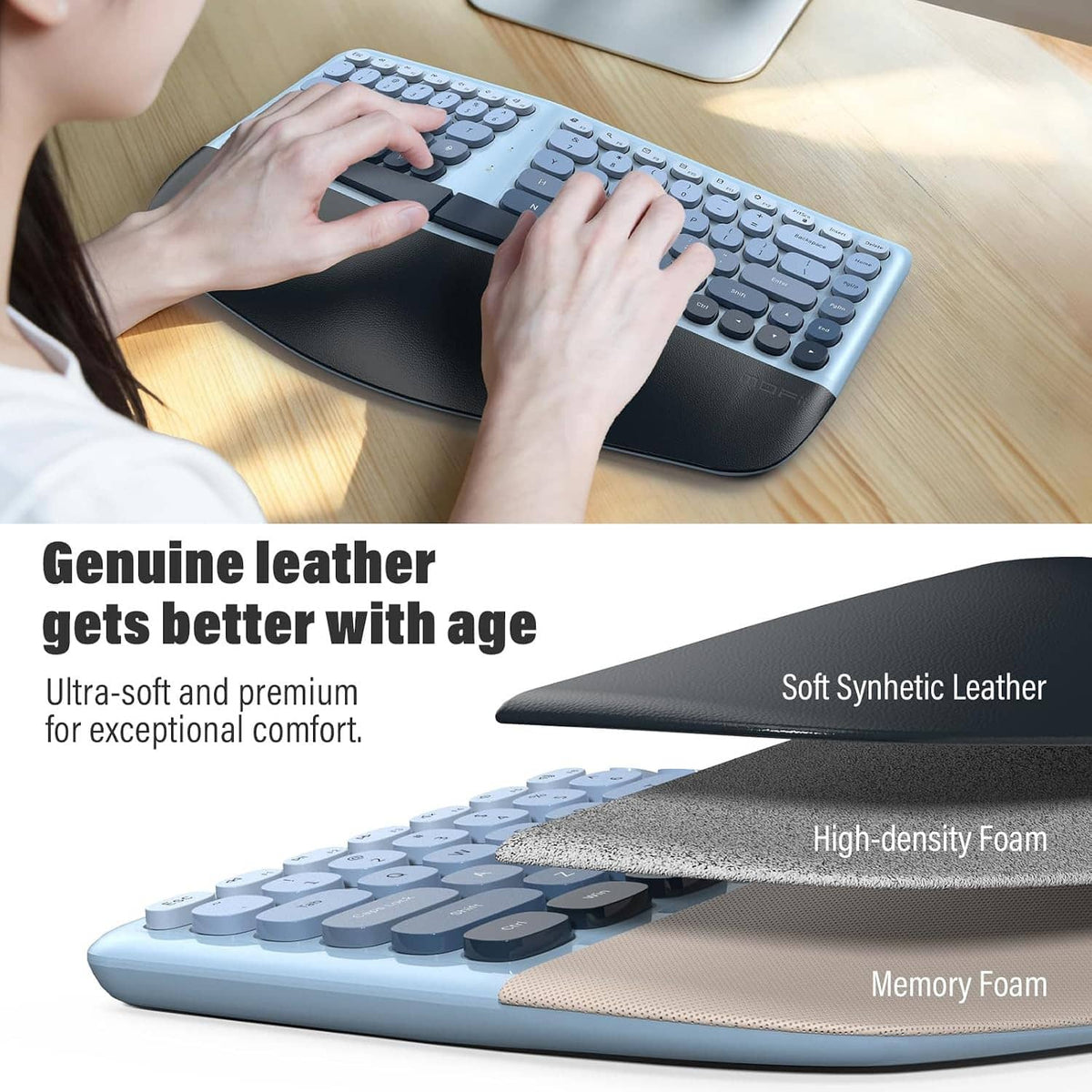 Blue ergonomic keyboard with dark wrist rest, hands resting and typing