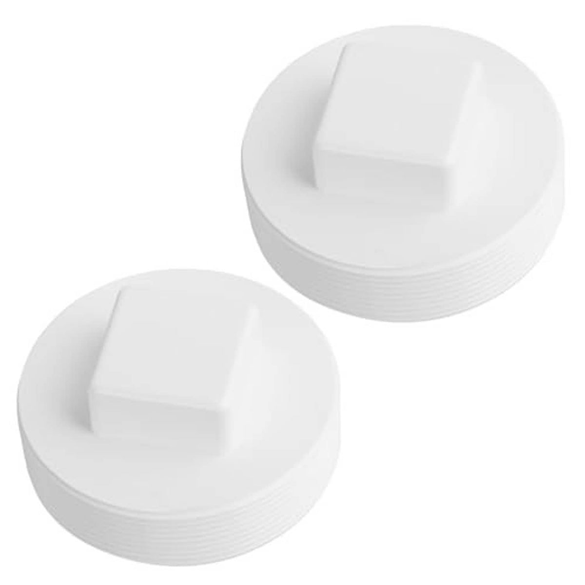 Two white threaded PVC sewer cleanout plugs with square top handles