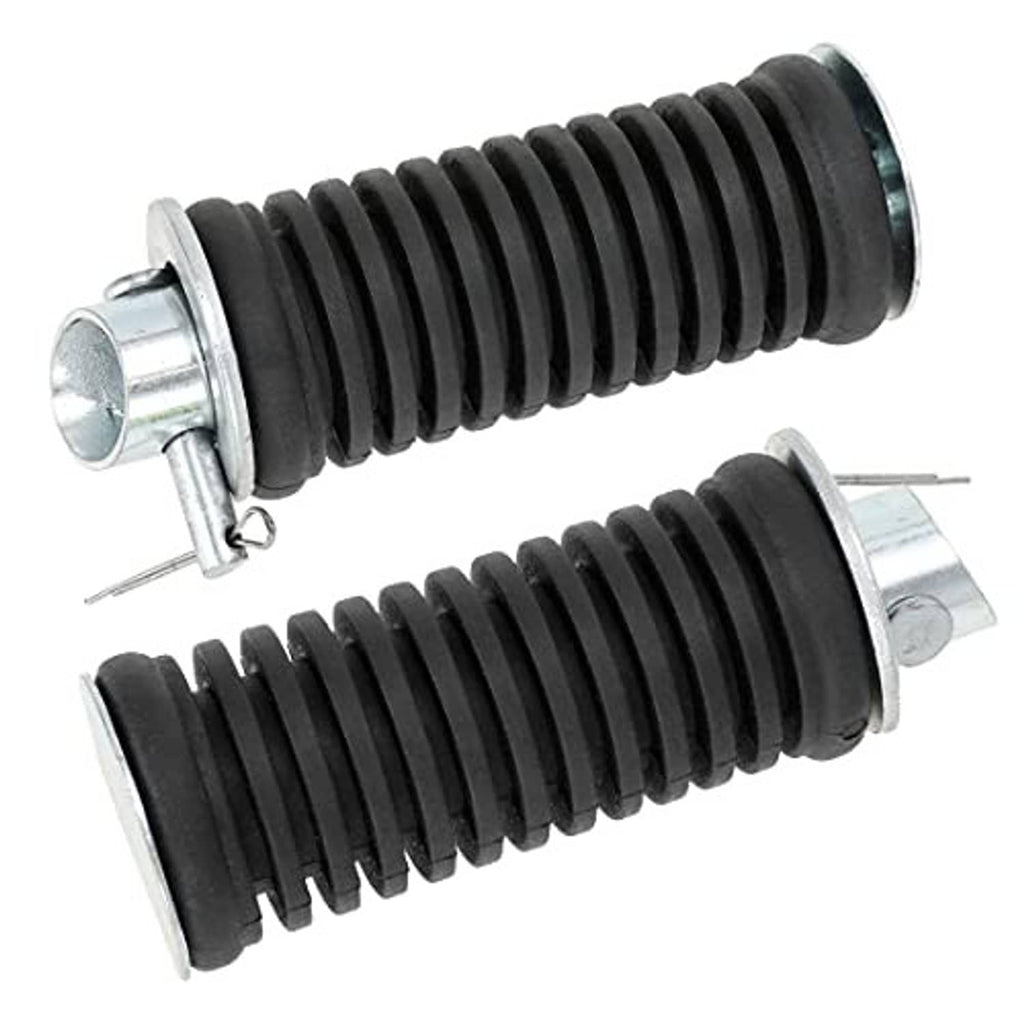 Motorcycle footpegs with black ribbed rubber sleeves and silver circular steel mounts