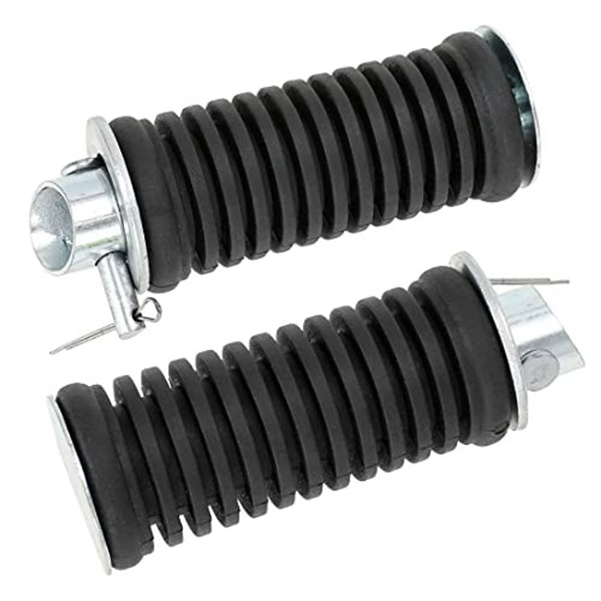 Motorcycle footpegs with black ribbed rubber sleeves and silver circular steel mounts