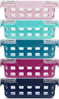 3.4-cup glass meal prep containers with colored lids, stacked in pink, teal, and navy