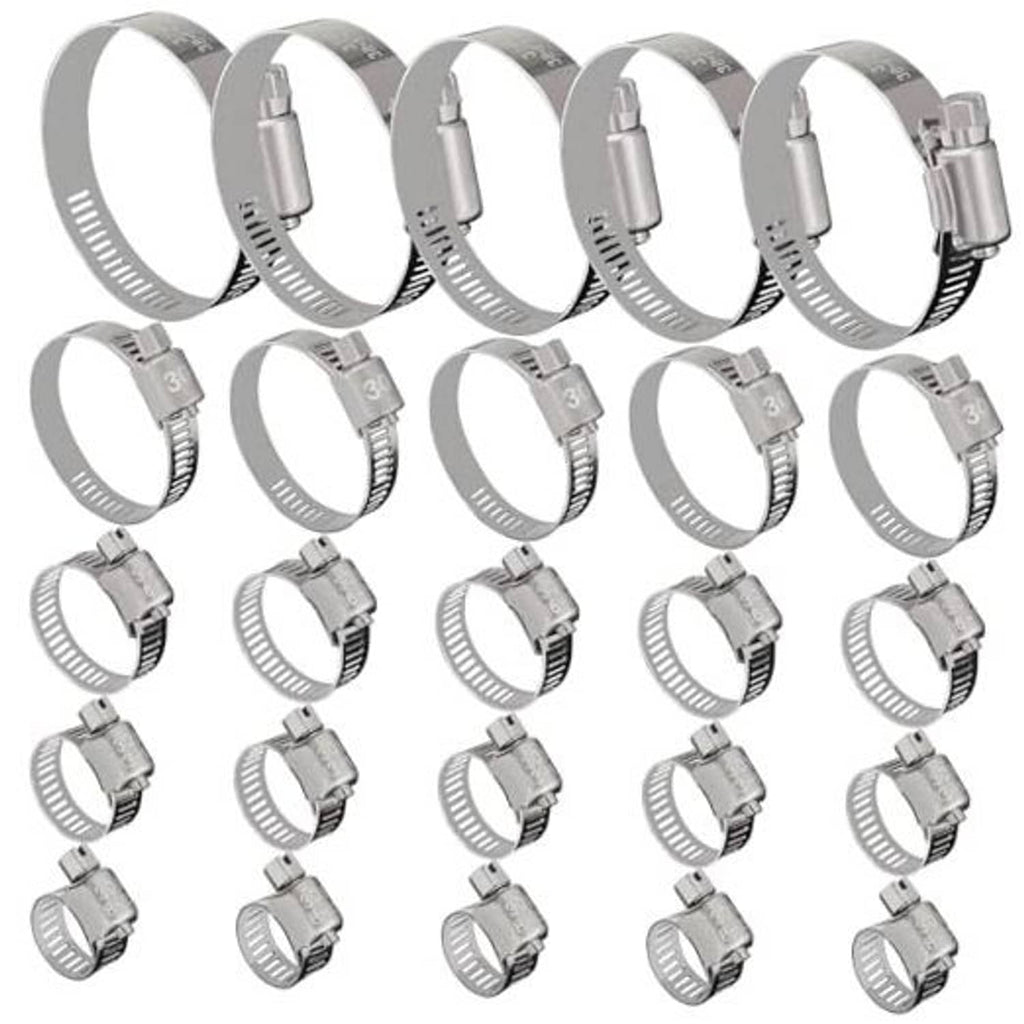 Pack of silver stainless steel hose clamps with screw-bolt band, assorted sizes