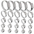 Pack of silver stainless steel hose clamps with screw-bolt band, assorted sizes