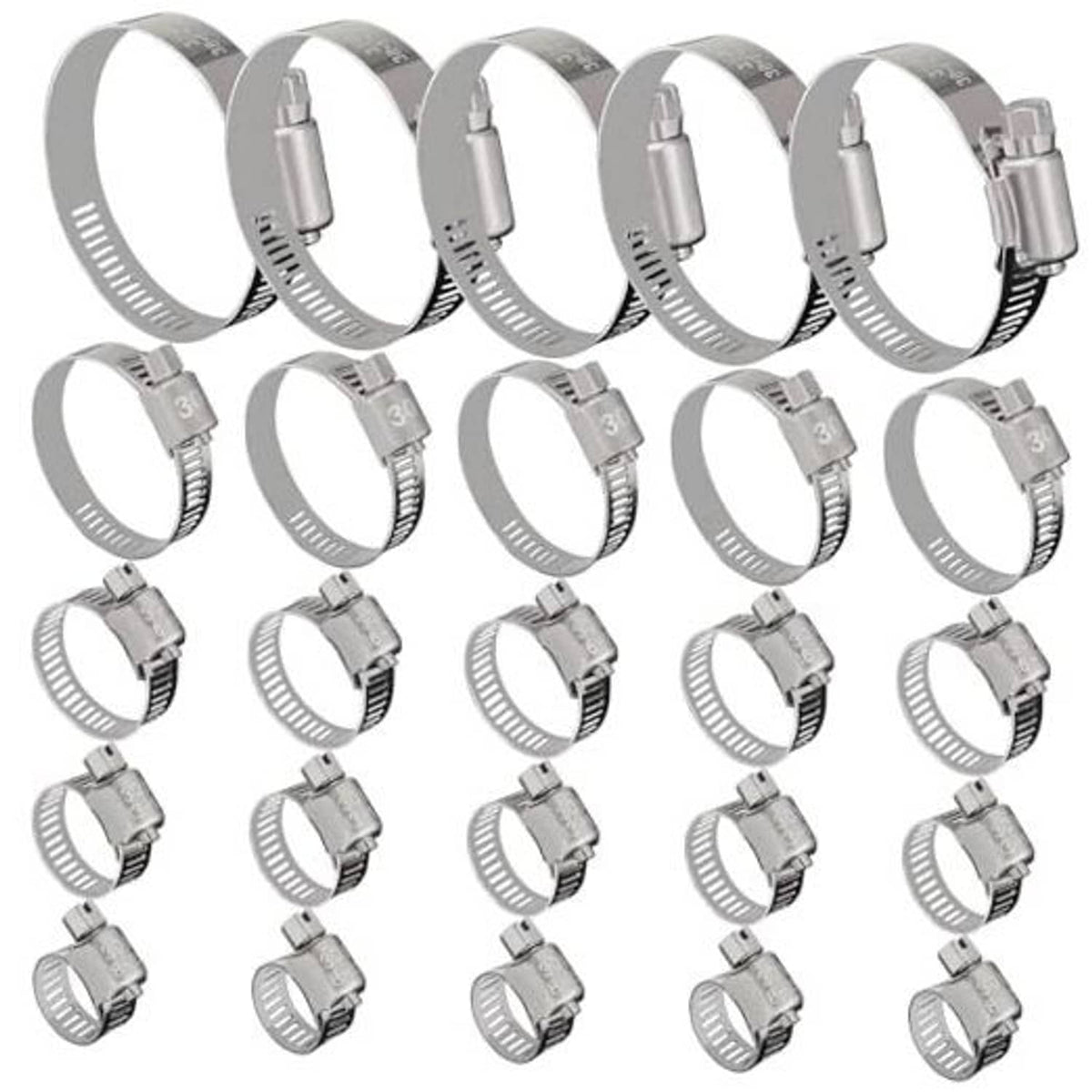 Pack of silver stainless steel hose clamps with screw-bolt band, assorted sizes