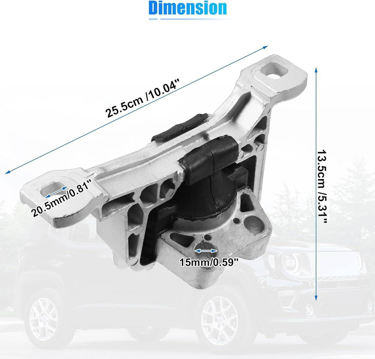 Front engine mount with black rubber bushing and silver metal frame, side view
