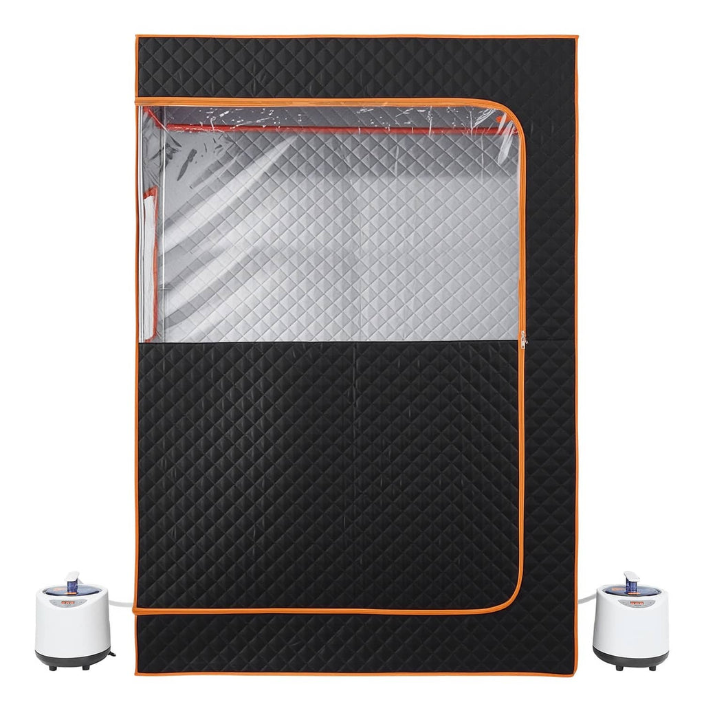 Portable 2-person steam sauna tent in black with transparent front window and orange trim