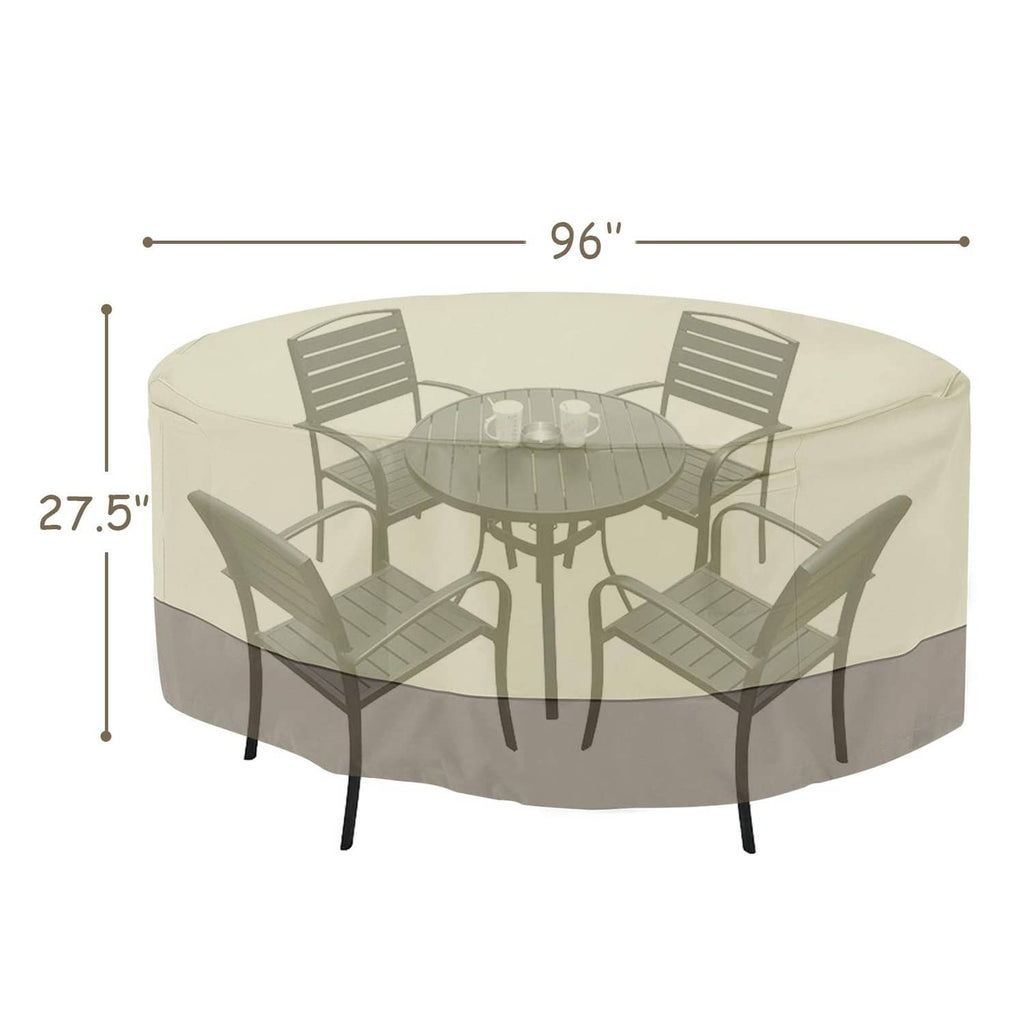 Beige round patio table cover with fitted skirt and elasticated base