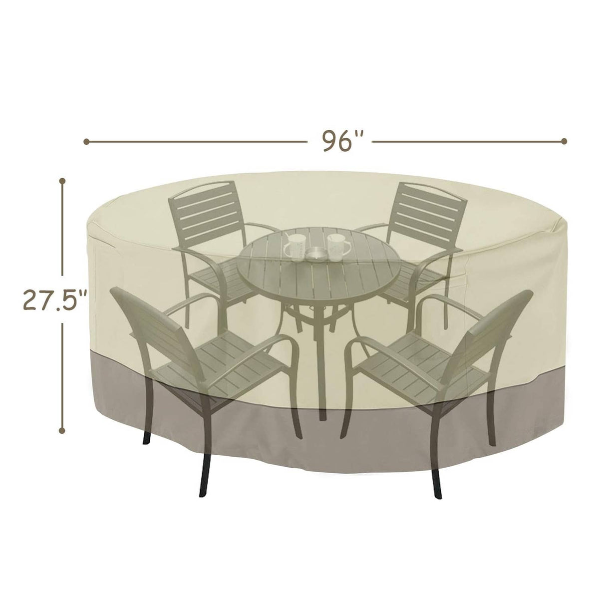 Beige round patio table cover with fitted skirt and elasticated base