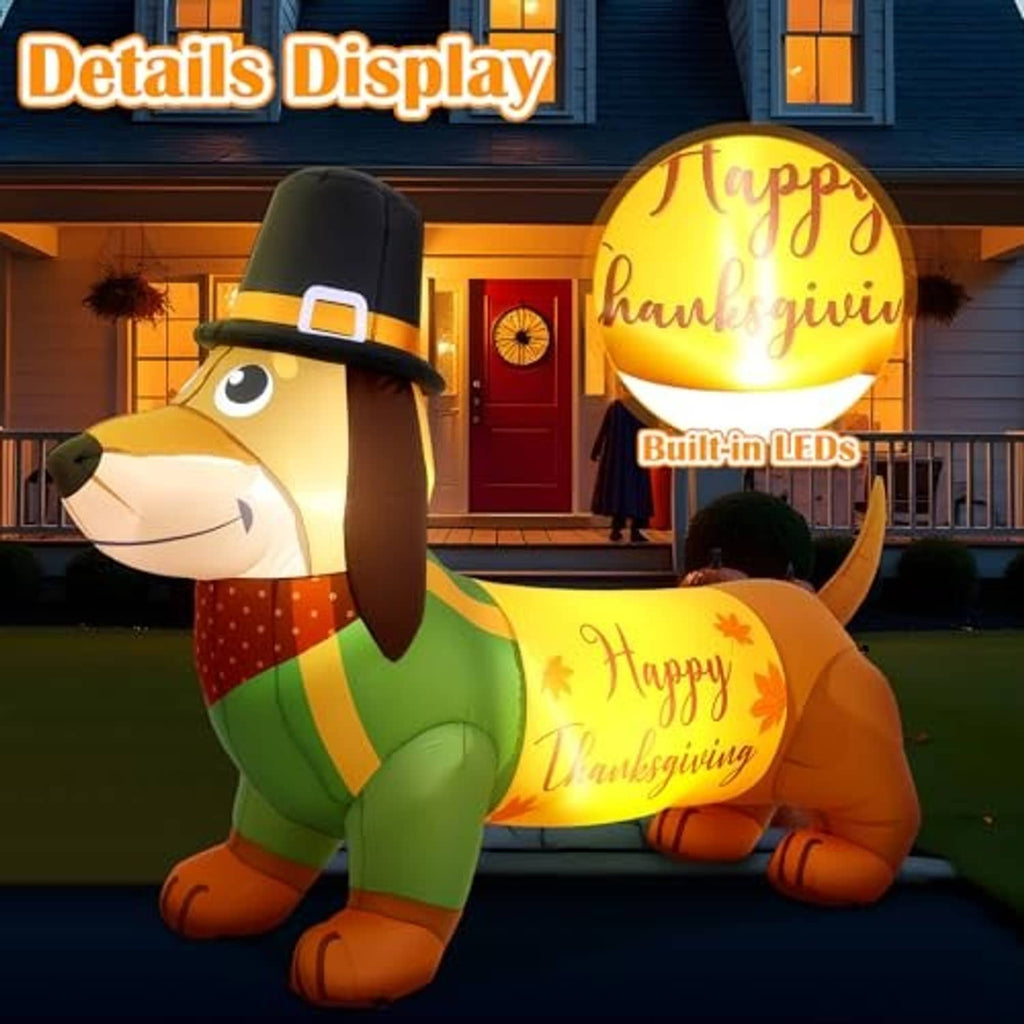 Inflatable dachshund with built-in LED lights and “Happy Thanksgiving” banner on house lawn
