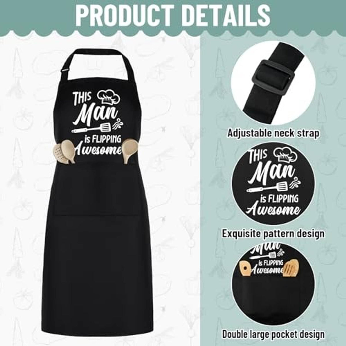 Black kitchen apron with adjustable neck strap and double large pocket, pattern print