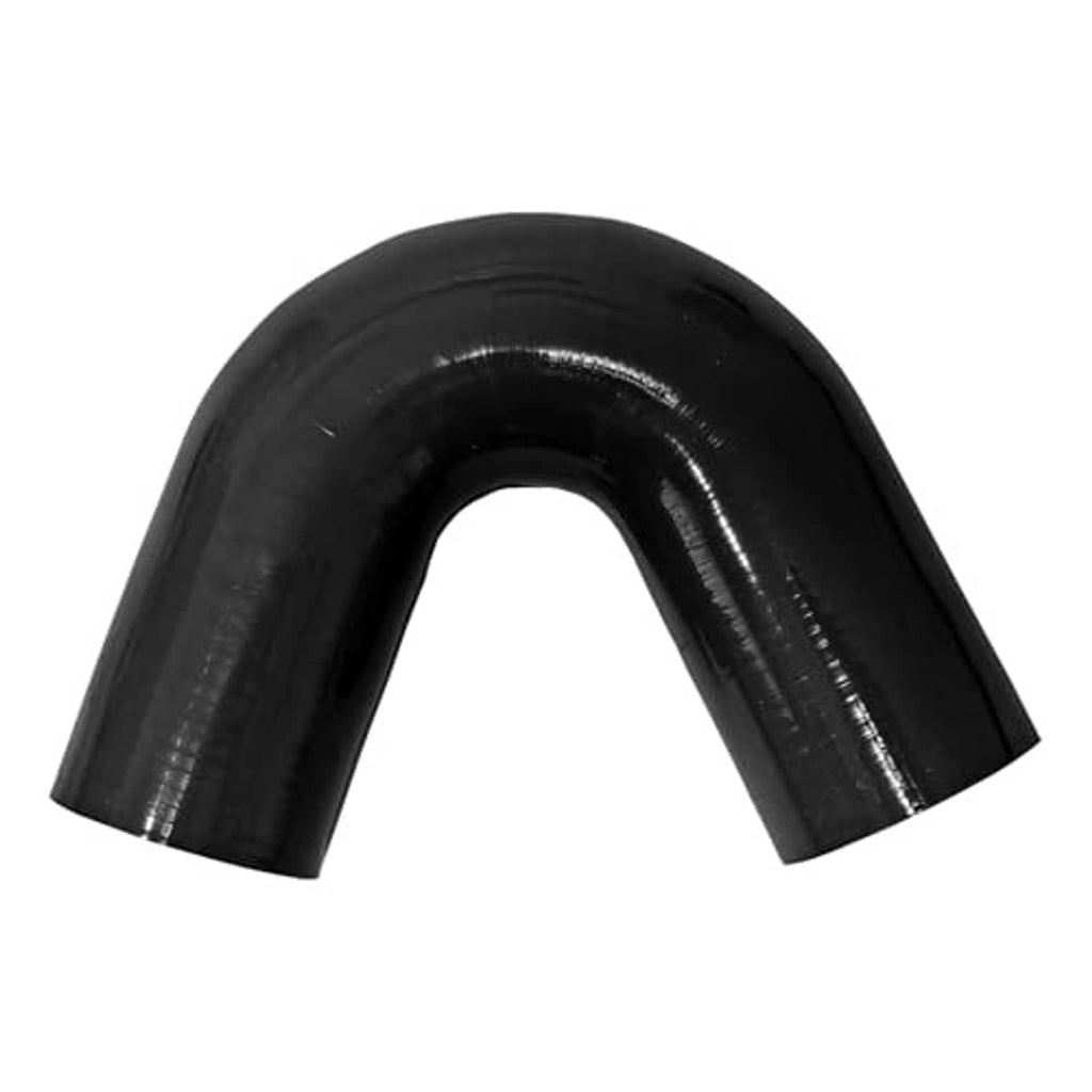Black 135-degree silicone coupler elbow, front view of curved hose section