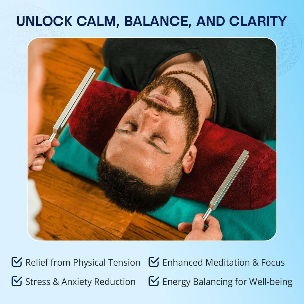 528 Hz tuning fork beside a resting person's head, silver fork held in hand