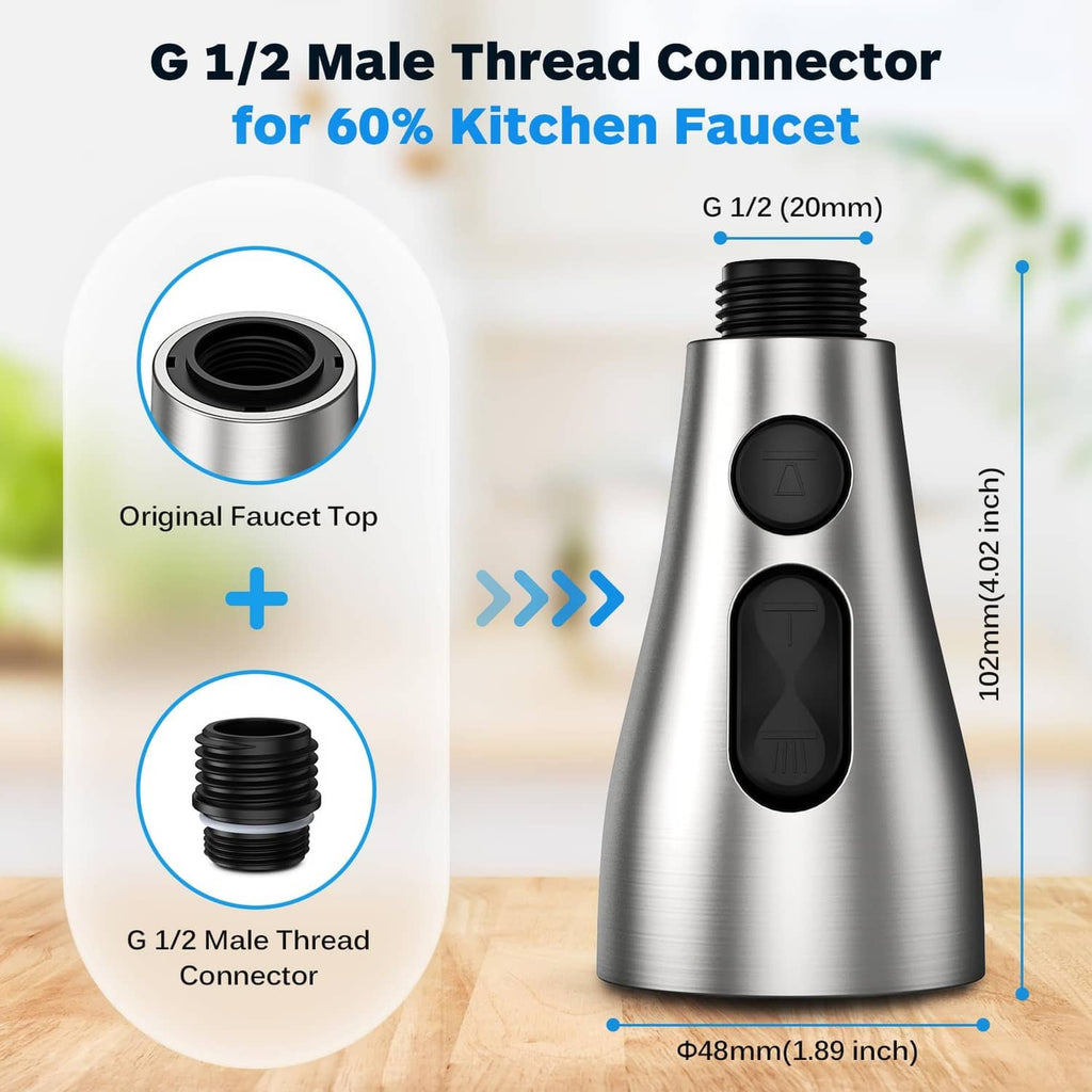 Brushed nickel faucet head replacement with G 1/2 male thread connector